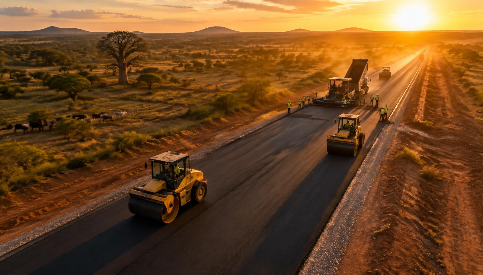 Highway construction at sunset